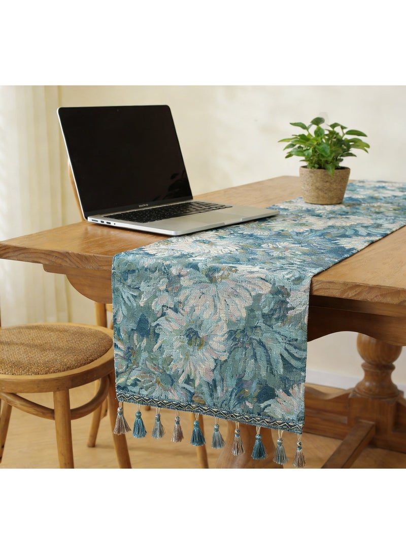 مفرش طاولة بوهيمي مزين بالزهور مع شرابات زرقاء - جاكار عتيق، طوله 30 × 183 سم، مناسب لتزيين غرف الطعام، وحفلات الزفاف، والحفلات، والديكورات الريفية والساحلية. - Image 3